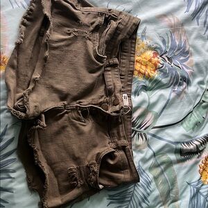 Distressed Olive Green High-Rise Denim Shorts